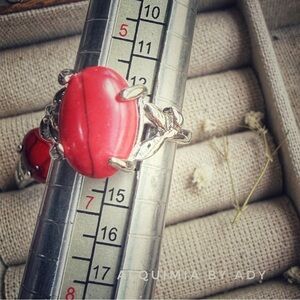 RED TURQUOISE SILVER DAINTY BOHO  RING